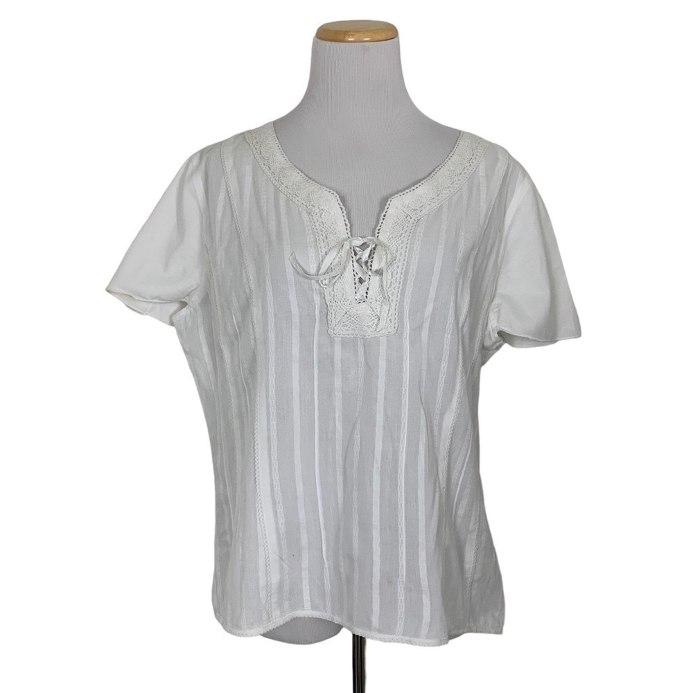 J Jill Cotton Crochet Lace Up Front Boho Short Sleeve Shirt Women’s 16 White